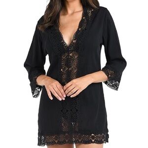 La Blanca Island Fare V-Neck Tunic Coverup - Black size large